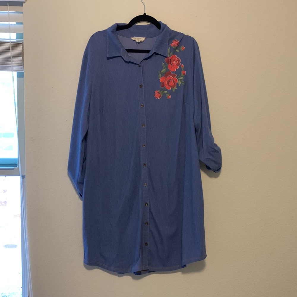 No comment Jean floral button up knee synch dress half sleeve with collar